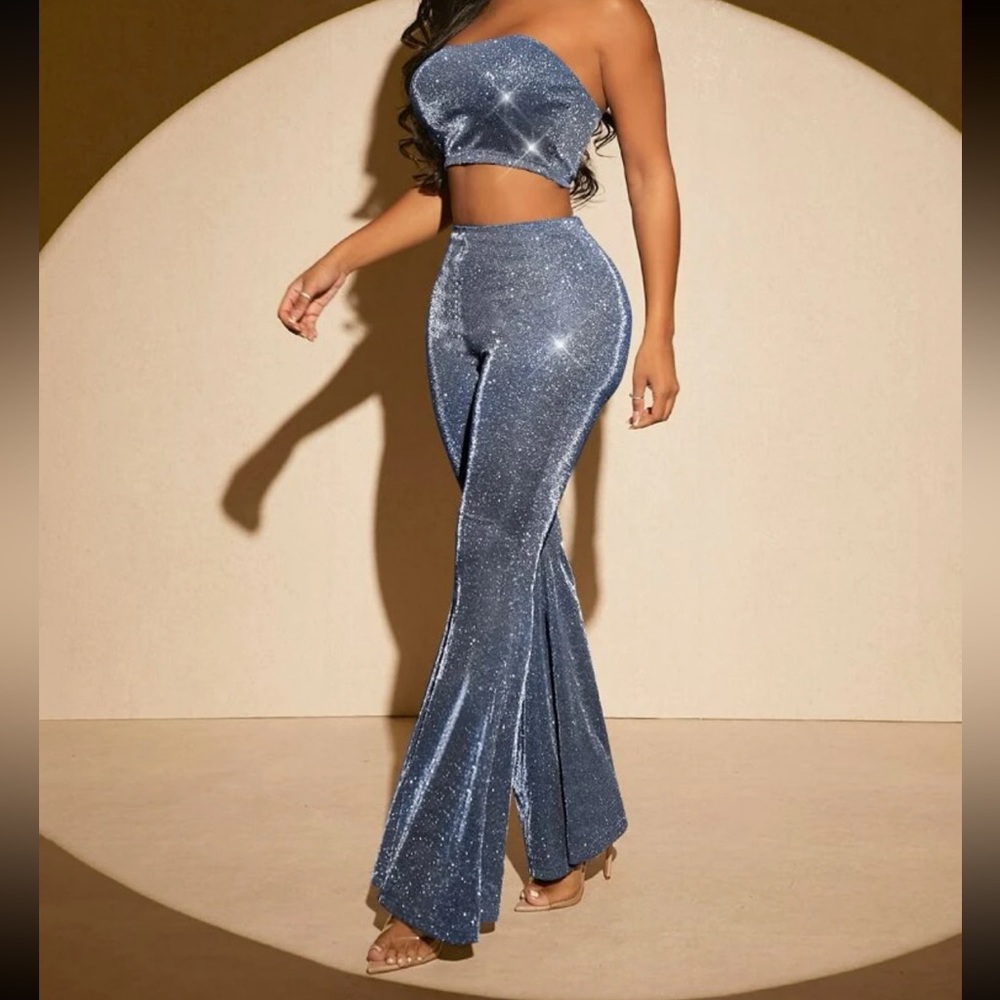 SHEIN Glitter Crop Tube Top & Flare Leg Pants